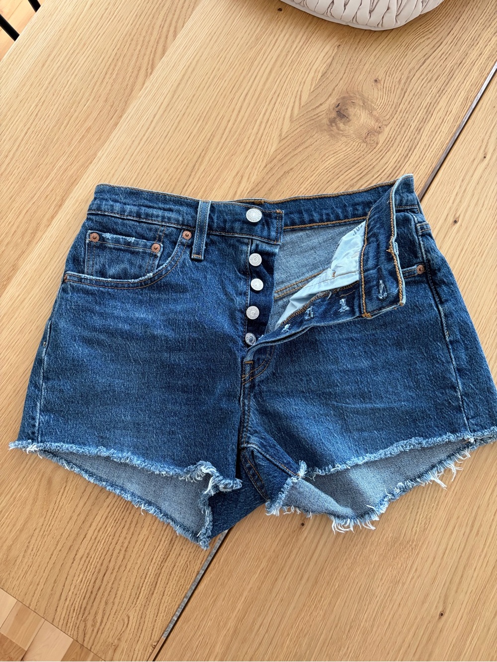 Levi's Dark Blue Raw Hem Button-Fly Denim Shorts